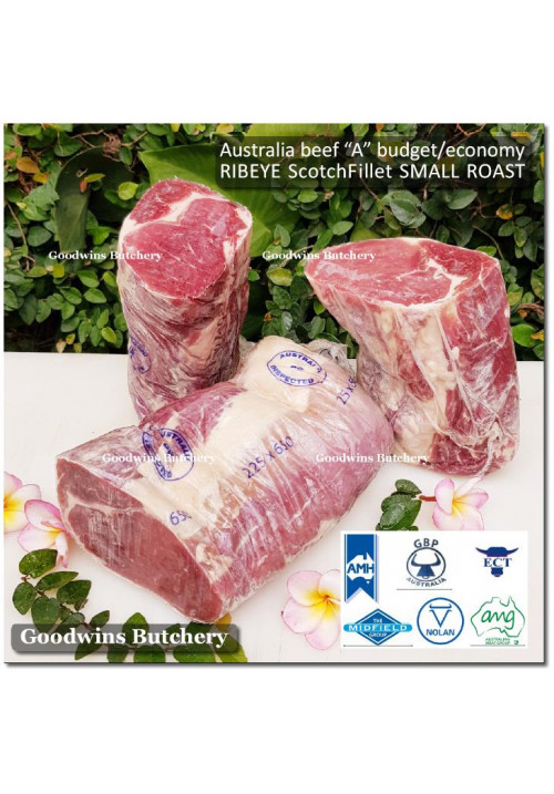 Beef Ribeye AUSTRALIA BUDGET frozen brand either AMG or NOLAN ECCO roast cuts +/- 1.2kg price/kg (Scotch-Fillet / Cube-Roll)